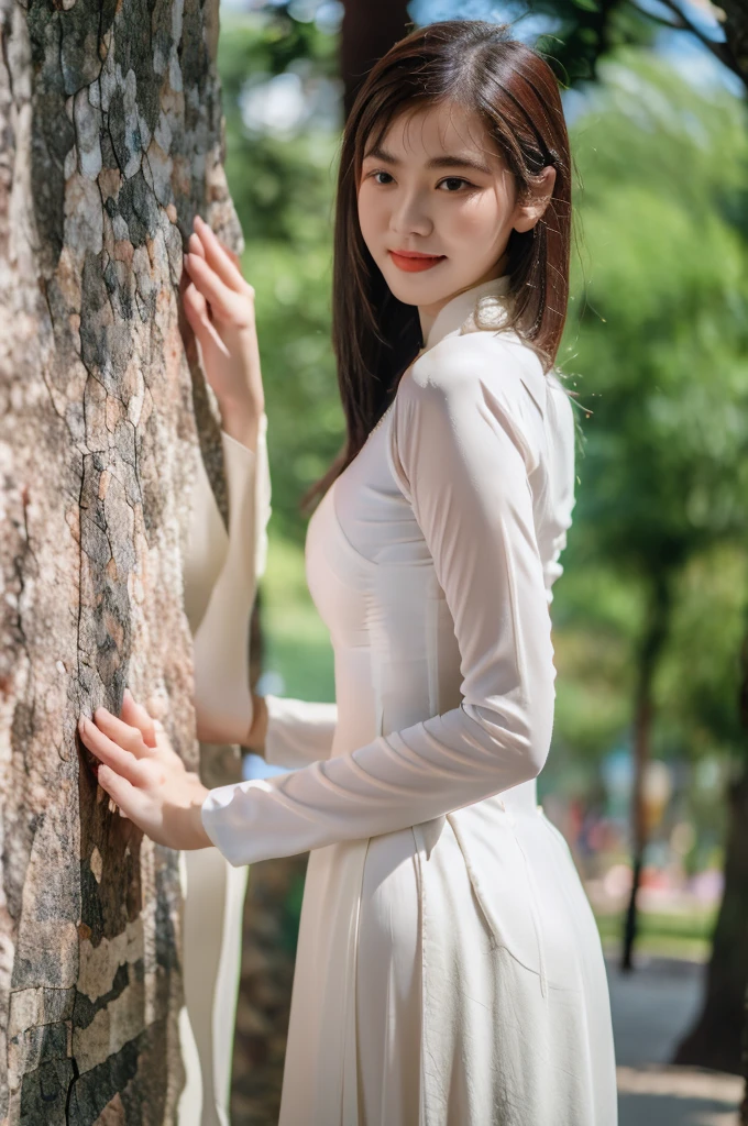 Close-up photo of a beautiful short hair Asian girl wearing colorful Vietnamese ao dai, smirking, blurred background.