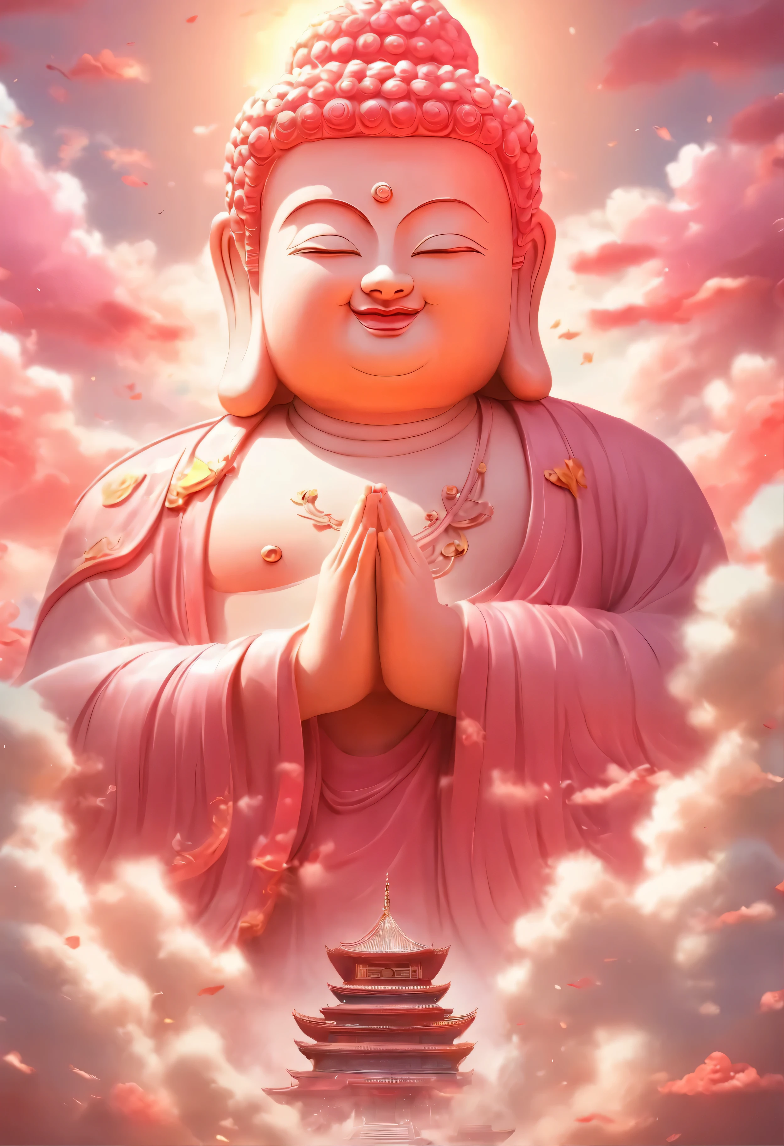 ((masutepiece))，(Best quality))，China style，In the sky, The clouds form a huge transparent shiny white jade Maitreya Buddha statue，Thick clouds，and the sun was shining brightly，Pilgrims on the road，Hyper-realistic，Ultra photo realsisim，Pink，8K，High definition，high qulity，Works of masters，super-fine，（（（OC renderer）））