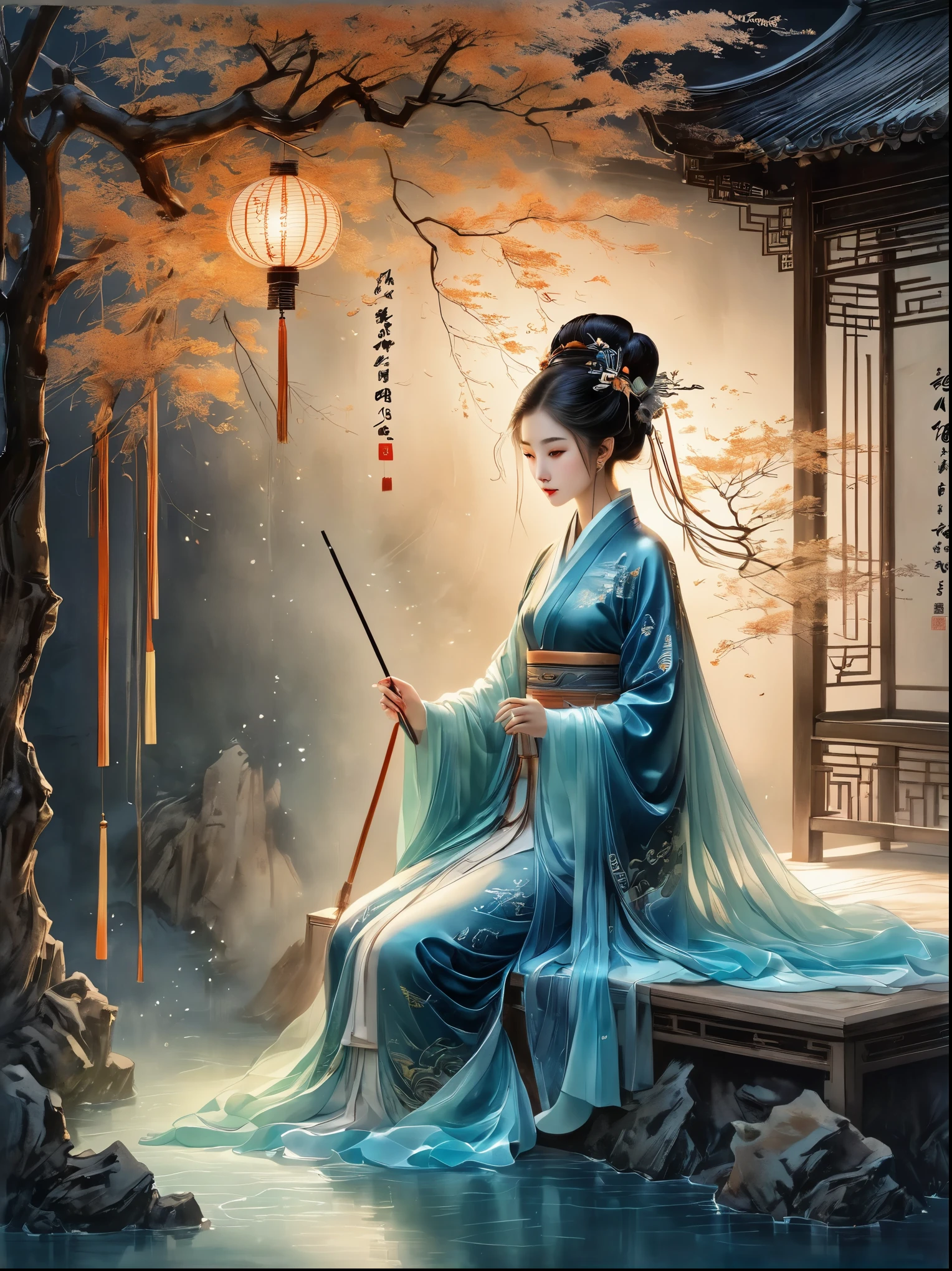 Suspension, Three-dimensional ancient style, Rolled up rice paper filled with calligraphy, Concept Design, Clothes Decision Fluttering, Macro Photography, Fiber Optic Paper Sculpture, High Angle Shot, Romantic ancient style, Movie Light, Surreal, Chen Jialing, Zen, Veil, Watercolor, Quiet atmosphere, Rich, Fantastic, Micro Rendering, Exquisite details, Dark night shimmer, Fiber Optic Paper Sculpture, Backlight, Decorative illustrations, Graphic illustration, Fluorescent Color, Watery eyes, Anime Characters, The book is extremely complicated, Background of law, Center glow, An ancient man writing calligraphy, Neoclassicism, Hyperrealism, Art Nouveau, UHD, masterpiece, ccurate, anatomically correct, super detail, 8k