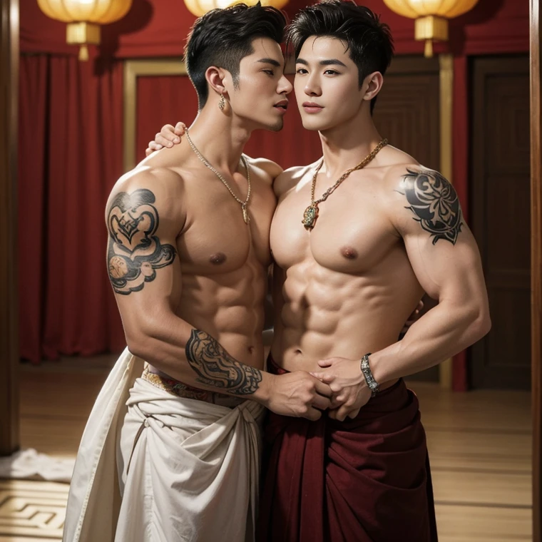 ( safe for work),Two handsome boys kissing, smiling at each other,hugging, kissing, touching lips, cuddle, romantic,skin ship, Chinese Men God, Mythology, realistic, Chinese odyssy, super Handsome,manly, kpop idol, handsome korean actor, 20 years old,, detailed face, manly jawline, detailed mess curly styling hair, Topless, Muscles, big breast Athlete body, Full Frame,full body shoots, realistic, human skin, tattoo breast, Professional studio Lighting, long red tibet wedding Outfit, jade and golden pendent all over , detailed jewery in dress, earings,Chinese ancient wedding Background,out door, super detailed background,look at camera , open mouth, thin Underneathe Underwear, tibet Warrior, Hanfu red wedding dress, tibet Male, tibet Nobel, Seduce , bare chest , tattoo chest, tattoo arms, tattoo hands, tattoo back, tattoo legs , tattoo belly, big juicy butts,