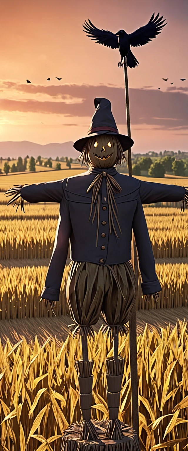 Long Shot, ((Crow standing on scarecrow full body:1.7)), In the cornfield, Scarecrow wearing hat，Wearing field uniform:1.4,((best quality)), ((masterpiece)), (Body and detailed face: 1.6), 3D, fair, Unreal Engine: 1.4, CG K Super realistic, Reality: 1.4, Texture: 1.4, (((Sunset))) ,(( Perfectly sharp images:1.6)) , 32k