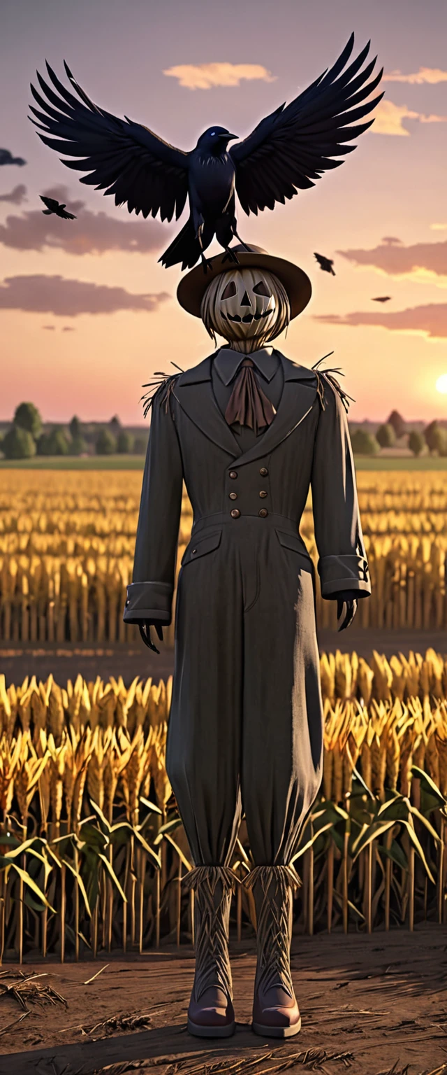 Long Shot, ((Crow standing on scarecrow full body:1.7)), In the cornfield, Scarecrow wearing hat，Wearing field uniform:1.4,((best quality)), ((masterpiece)), (Body and detailed face: 1.6), 3D, fair, Unreal Engine: 1.4, CG K Super realistic, Reality: 1.4, Texture: 1.4, (((Sunset))) ,(( Perfectly sharp images:1.6)) , 32k