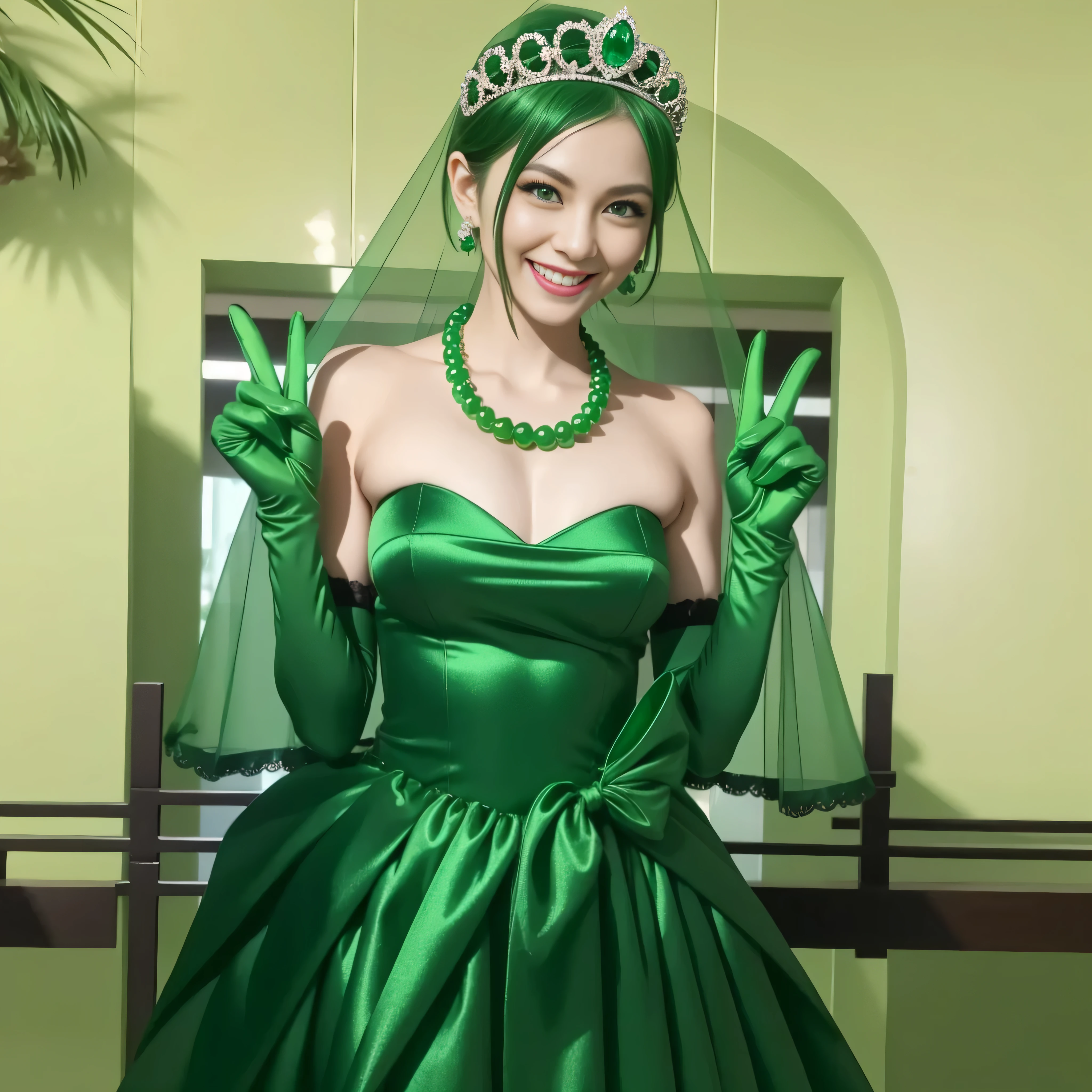 Emerald tiara, Green Pearl Necklace, Boyish very short green hair, lipstick, Smiling Japanese woman, Very short hair, Big tits beautiful, Green Eyes, Long green satin gloves, Green Eyes, v sign, Emerald Earrings, Green Veil