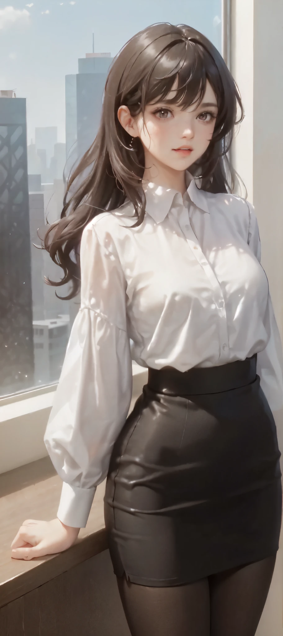 1 standing,/(casual shirt/)(Black pencil skirt:1.1),Become a,/(Brown hair/),/(There are sleeves/),Bangs,Laugh out loud,lips parted,Small chest(Masterpiece of best quality:1.2)Exquisite illustrationsBREAK/(Interior modern office/),windows skyscraper