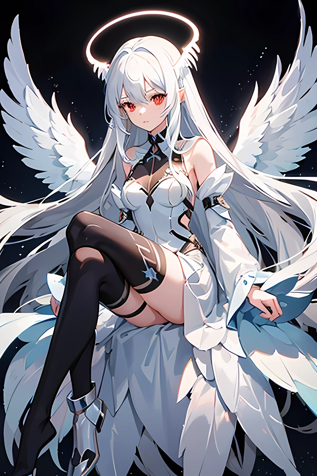 1girl, an anime girl with long white hair, anime art, an anime drawing, red eyes, tall woman, high quality, thin body, multiple wings, angel, six wings, hands behind back, head wings, glowing eyes, halo, black thighhighs, bright pupils, white clothes, thunder, black gloves, cybernetic angel, possessing metallic wings and a sleek white and silver exoskeleton