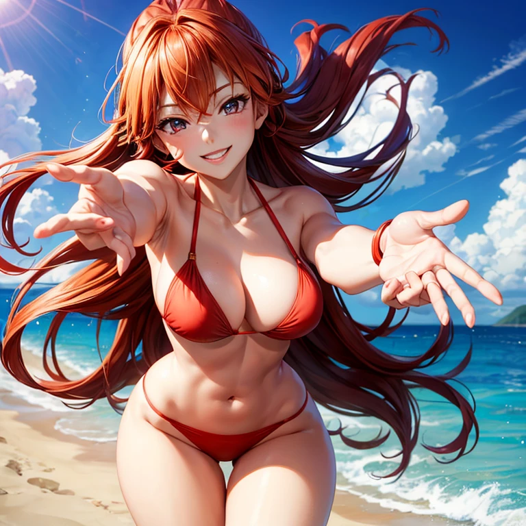  Eva Asuka Langley with perfect face, slim figure, ample breasts, wearing a red bikini, smiling and reaching out to you on a beautiful beach.。Low angle