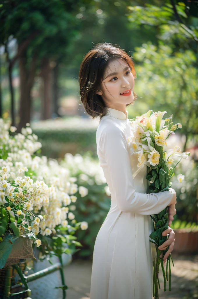 Close-up photo of a beautiful short hair Asian girl wearing delicate flowery Vietnamese ao dai, smirking, blurred background.