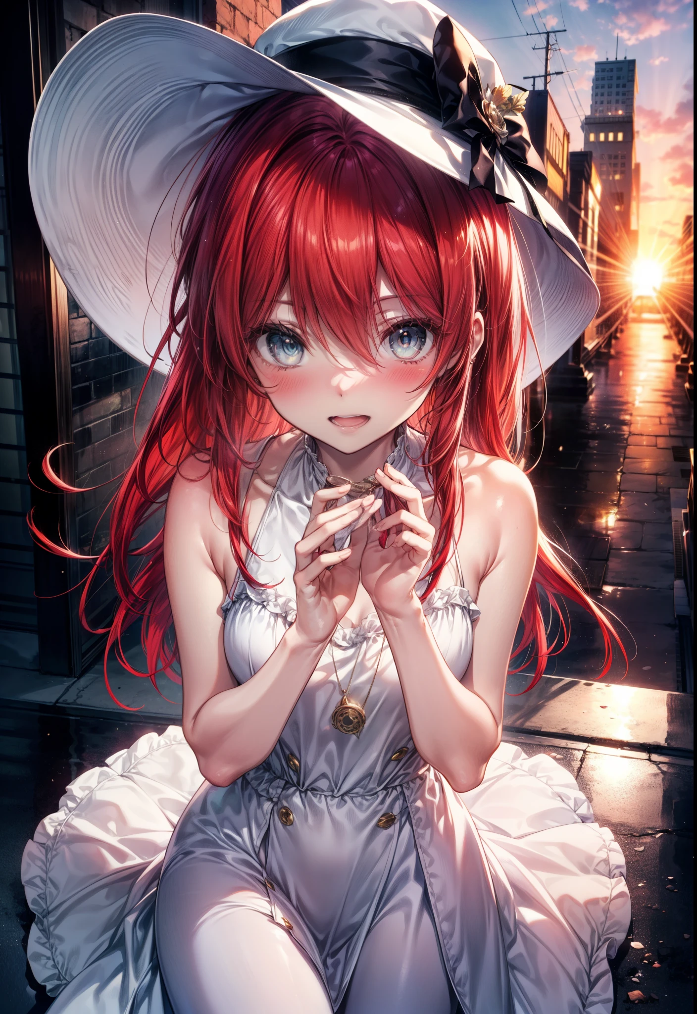 Shana,灼眼のShana,Ahoge,Long Hair,Red hair, Red eyes, small breasts,smile,blush,Open your mouth,Sleeveless dress,Bare shoulders,bare clavicle,Bare neck,Rocket Pendant,White hat,Long skirt,Cute heeled sandals,Looking down from above,sunset,evening,The sun is setting,
break looking at viewer, (Cowboy Shot:1. 5)
break outdoors, City Street,Building district,
break (masterpiece:1.2), highest quality, High resolution, unity 8k wallpaper, (shape:0.8), (Fine and beautiful eyes:1.6), Highly detailed face, Perfect lighting, Highly detailed CG, (Perfect hands, Perfect Anatomy),