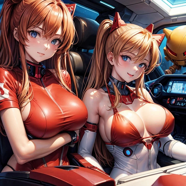  Perfect face Eva Asuka Langley with slim figure and ample breasts wearing red and white bikini、Sitting in the robot&#39;s cockpit、Fighting with a happy look on their face