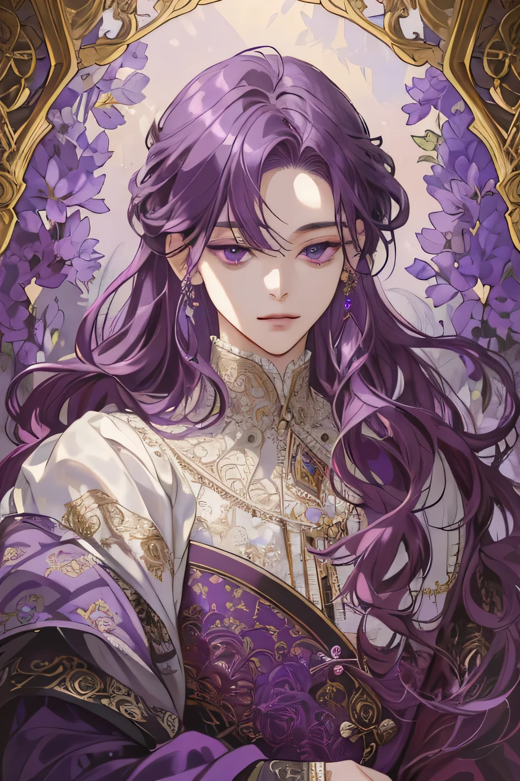 (extreamly delicate and beautiful:1.2), 8K,(masterpiece:1.0),(best_quality:1.0), 1 Boyy, and intricate detailing, Enlarged textures, and intricate detailing, finely eye and detailed face, and intricate detailing, shiraga, purple long curl hair, (closed mouths), Perfect eyes, Equal eyes, purple eyes (A Male god)