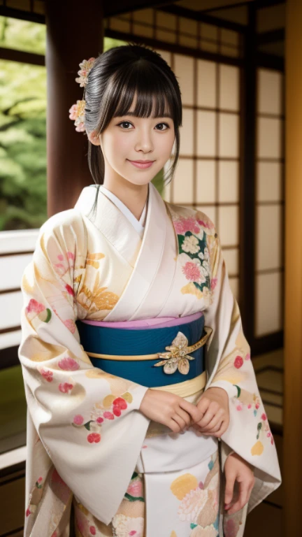 (Realistic:1.3), In detail, quality, Rembrandt'A masterpiece of light:1.2), (photoRealistic:1.2), (best quality), (Fine skin:1.3)、bangs、Black-haired、Kyo Yuzen、(kimono, Long-sleeved kimono、Japanese style floral pattern:1.5)、(Super cute idol-like face:1.4)、slim and beautiful body、Beautiful breasts、Laughter、Whole Body Ezbian:1.2、White fur scarf:1.3、(Bright sunny day, Japanese Shrines, null, torii),