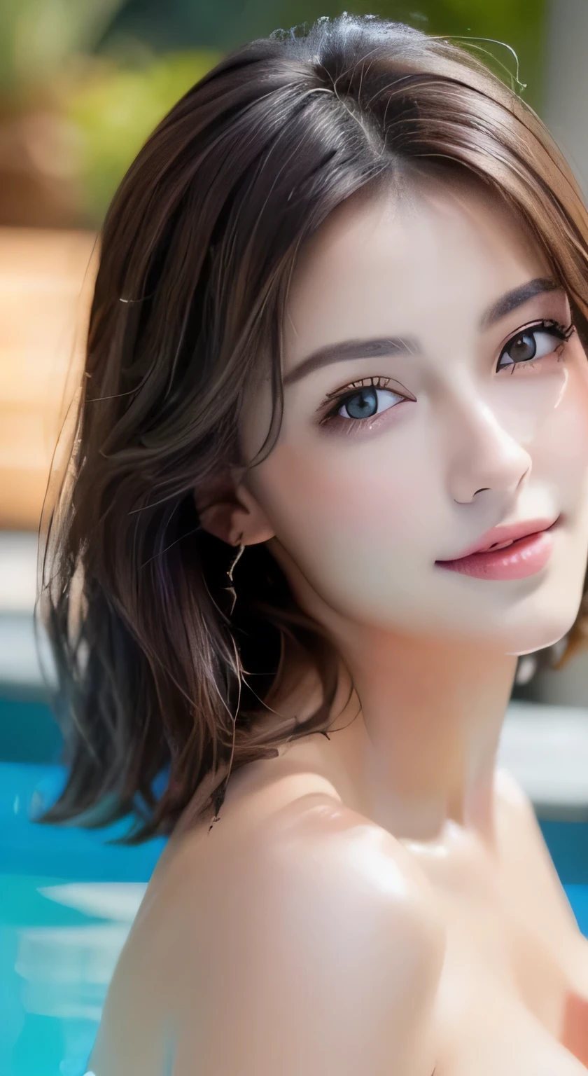 ((Realistic lighting, highest quality, 8k, masterpiece: 1.3)), Clear focus: 1.2, One Girl, Perfect beauty: 1.4, Slim Abs: 1.1, ((Dark brown hair)), Take off your clothey chest is sticking out、 Poolside, Very beautiful face, Beautiful Eyes, double eyelid,smile、Big Breasts、Cleavage