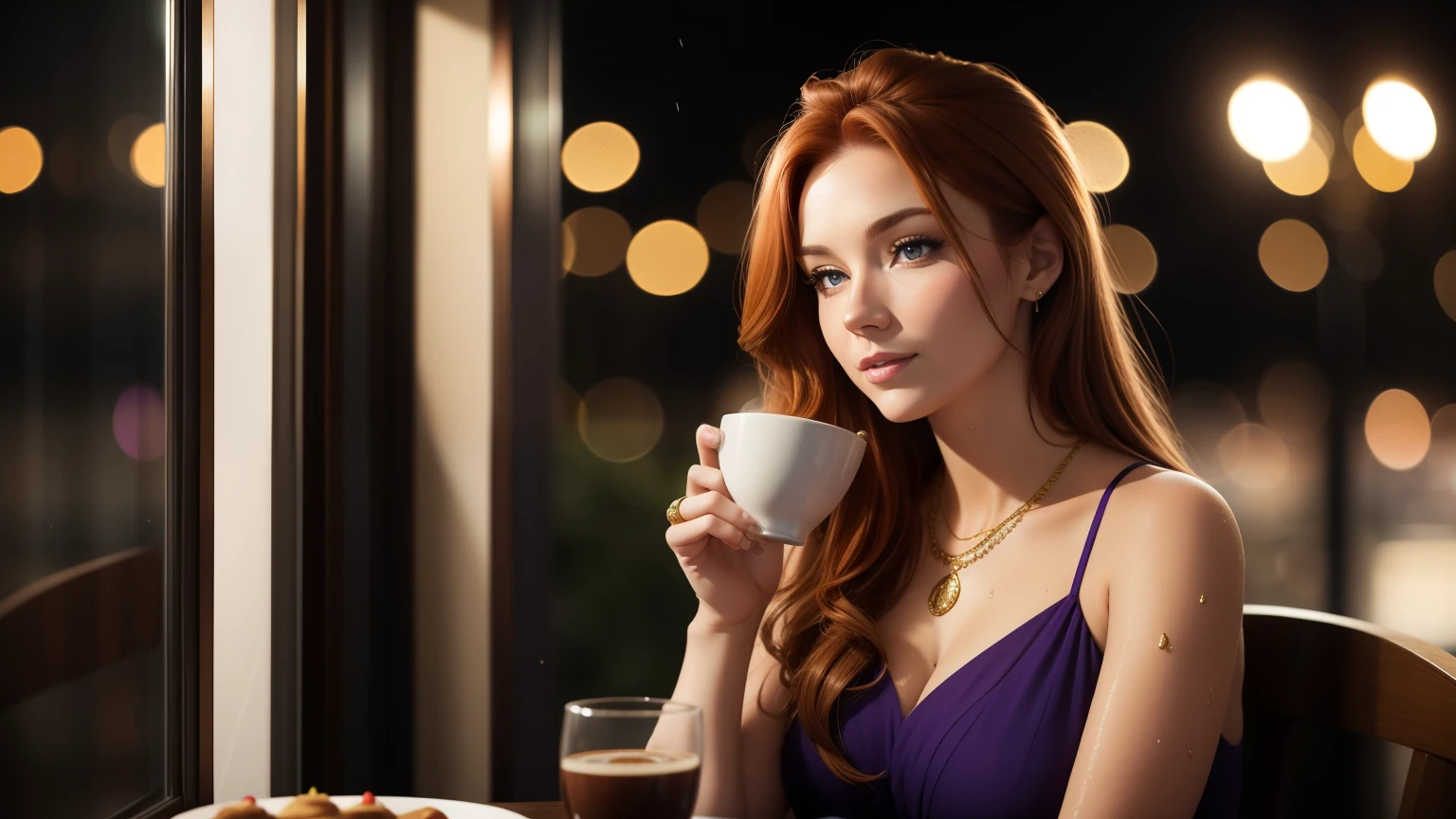 Realistic 50mm photos. portrait. Depth of Field. Bokeh background is dinner. Wet and out of focus windows,Outside the city lights a beautiful 24 year old woman,Long auburn hair is elegant,She looked out the window,There is a cup of coffee and a plate of cakes on the table in front of her.,in a purple evening dress, an expensive necklace, and a gold ring