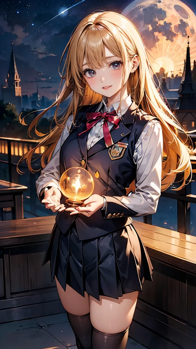 ((masterpiece, best quality)),illustration,very detailed 8k,realistic,sharp focus,very detailed,professional lighting,colorful details, iridescent colors BREAK 공장의 극단적인 롱샷,large mechanical robot construction,microchip,computer,glowing, intricate details,Situ Mecca,A girl stands in front of an audience,navel (Semi-long、blonde hair)、medium chest、High school girls、(Uniform、cute ribbon、skirt、knee high socks、blazer、uniform buttons、uniform collar、blouse、Uniform skirt、uniform tie、Uniform shoes、Uniform vest)、In a perfect contrapposto pose、Her hands rested delicately on her head、Smile sweetly at the viewer。She exudes an aura of elegance and charm, (full moon:1.2), ( shooting star:0.9), (nebula:1.3), distant mountains, Tree Break Crafting Art, (warm light source:1.2), (firefly:1.2), lamp, There is a lot of purple and orange in it., intricate details, Volumetric lighting BREAK (masterpiece:1.2), (best quality), 4K, very detailed, (Dynamic configuration:1.4), very detailed, colorful details,( iridescent colors:1.2), (glowing lights, atmospheric lighting), dreamy, magical, (alone:1.2)