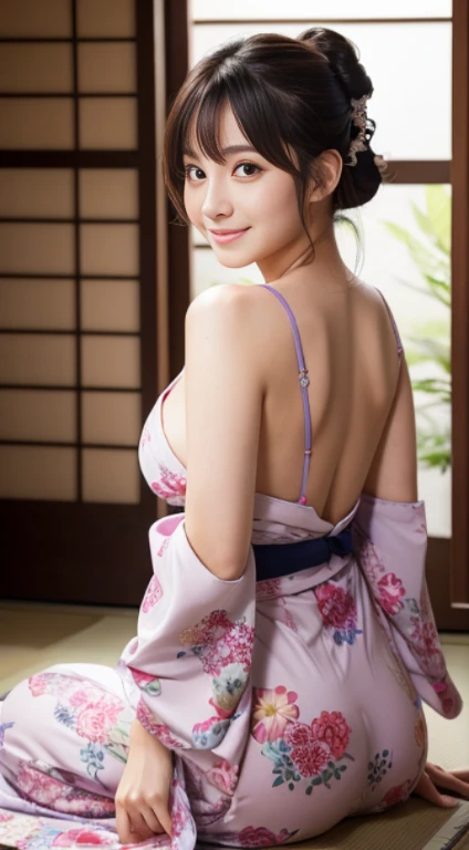 highest quality, masterpiece, Ultra-high resolution, (Realistic:1.4), RAW Photos, One girl, The most famous Japanese idols, Wearing a sexy Japanese kimono, ((Upturned buttocks)), Very cute face like the most popular Japanese idol, Very beautiful big black eyes, Very beautiful hair, Very beautiful skin, Very beautiful long eyelashes, Very beautiful lips, View your viewers, An innocent smile, Delicate Japanese kimono with sexy design
