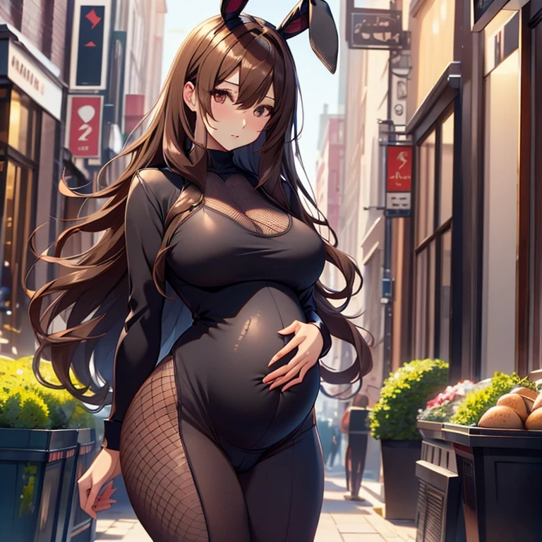 1woman, Pregnant goddess, mature, bunny girl, black bodysuit, fishnet leggings, fishnet top, wavy long brown hair, bunny ears, hair over one eye