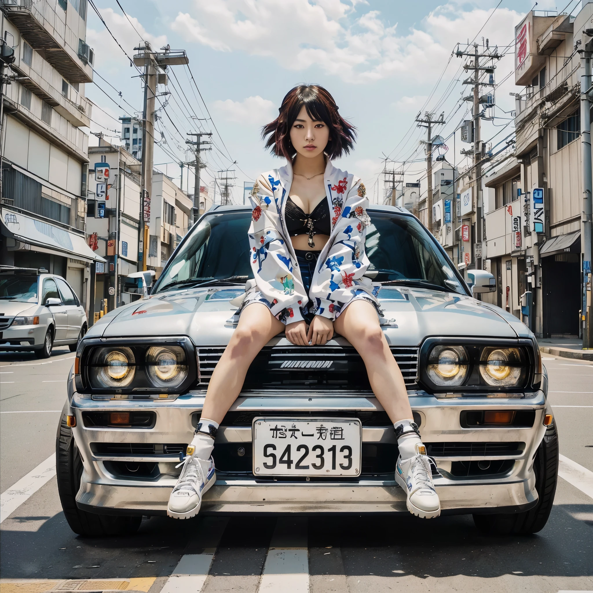 arafed woman sitting on the hood of a car in a city, anime style mixed with fujifilm, akira vibes, shohei otomo, e - girl, e-girl, cars portraits, official artwork, style of hajime isayama, style of masami kurumada, kodakchrome : : 8 k, japanese streetwear