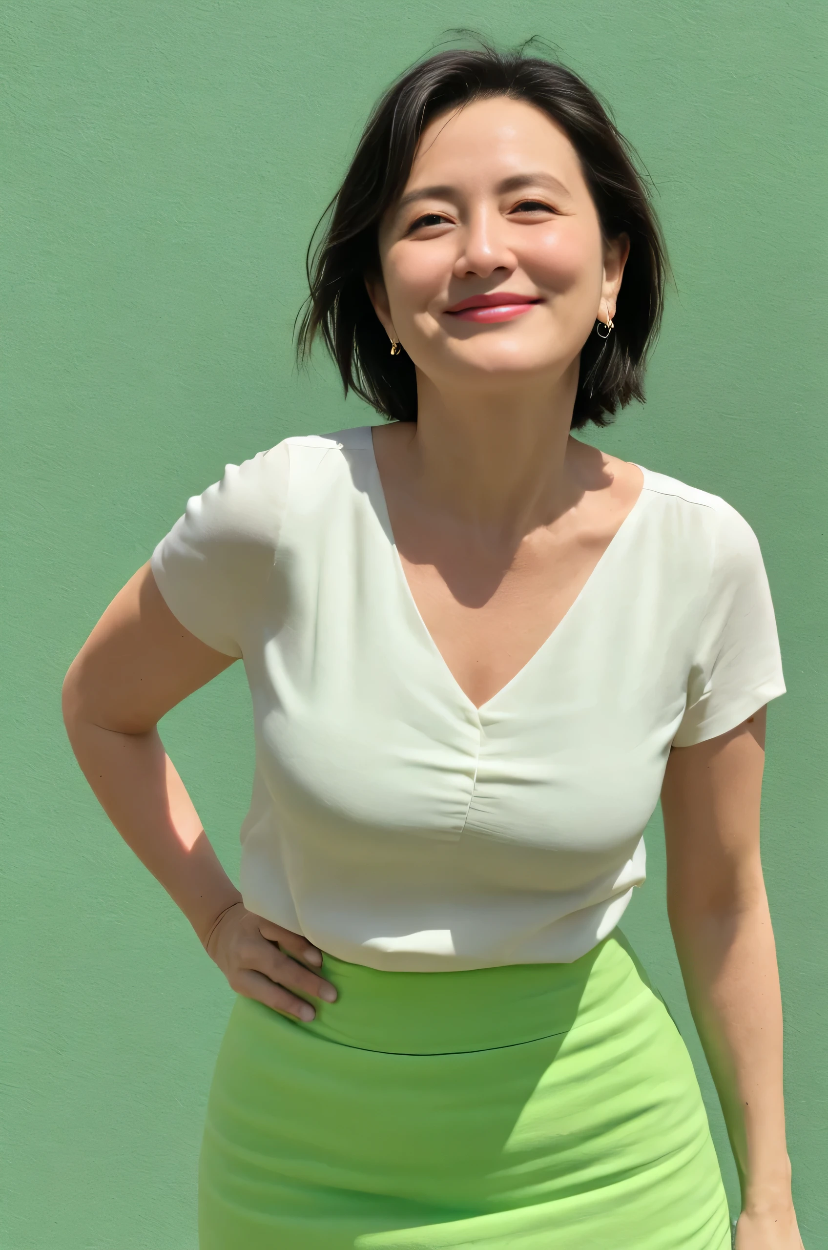 Standing in the park, Wrinkles around the eyes, Smiling with teeth showing, Plain short-sleeved clothing, senior citizen, Draw lips correctly, Red lipstick, No discomfort, 16K, Highest quality, Very detailed, Realistic, Very detailed肌, (Japanese), (alone), 100 years old, Large Breasts, , Glamour, sexy, Chromo White Skin, Staring straight ahead,