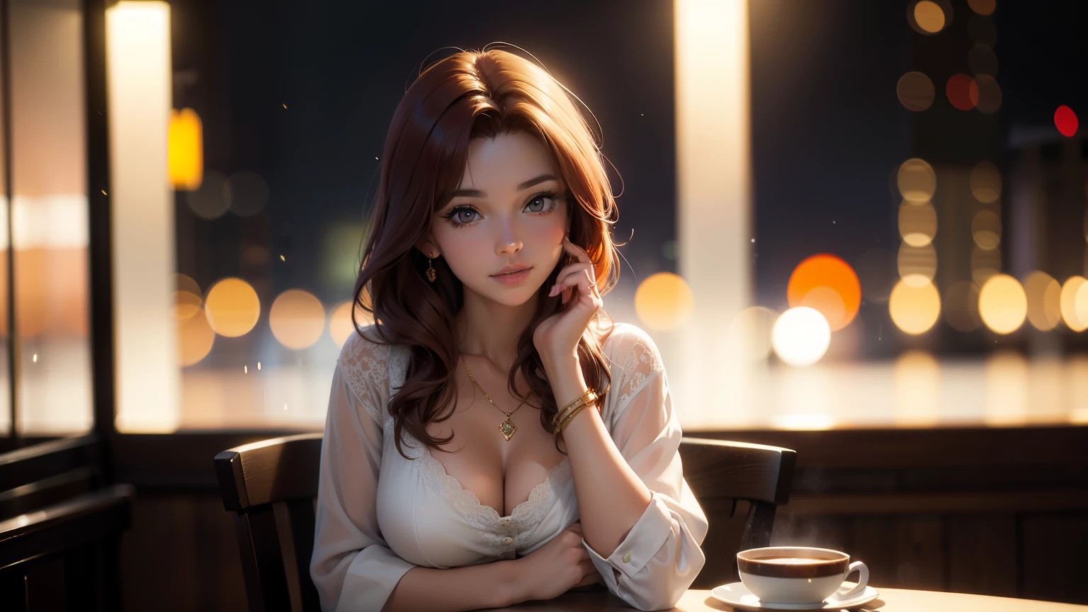 Realistic 50mm photos. portrait. Depth of Field. Bokeh background is dinner. Wet and out of focus windows,Outside the city lights a beautiful 24 year old woman,Long auburn hair is elegant,She looked out the window,There is a cup of coffee and a plate of cakes on the table in front of her.,in a purple evening dress, an expensive necklace, and a gold ring