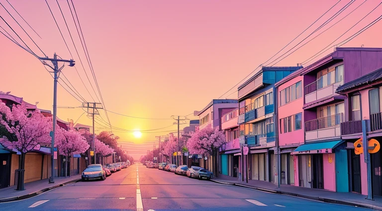 master piece, City Pop style, Pink and yellow sky, sunset, street lightstreet light, Futuristic, yet, lofi, retro, vintage, Ghost, light smile, cherry blossoms, ((background only)), (( no human )), (( no person )),