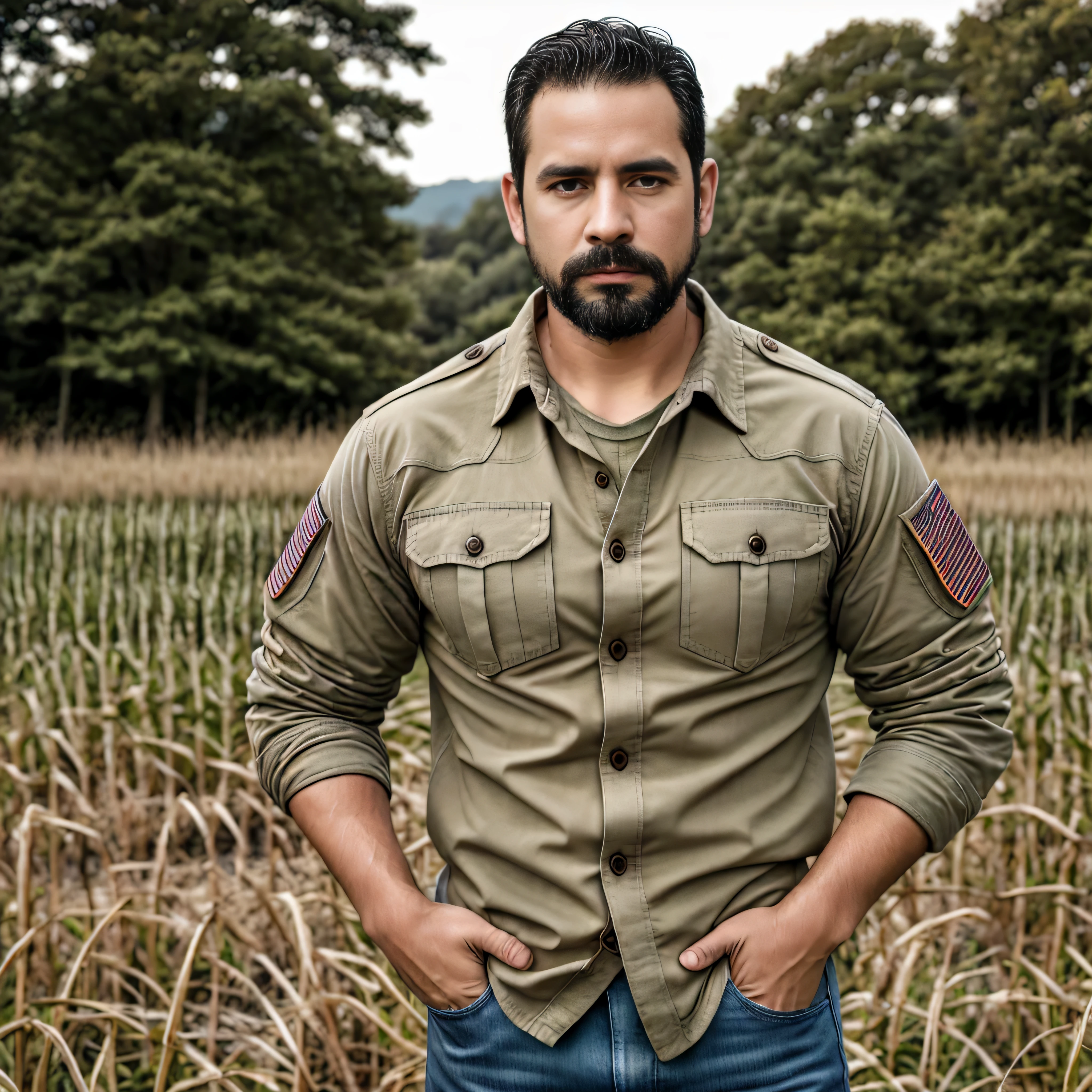 best quality,ultra-detailed, HDR, vivid colors,professional,barbado,man standing in front of a cornfield,jeans and military shirt,38-year-old man with military shirt,realistic portrait,sharp focus,bokeh,landscape lighting,highres,portrait artist