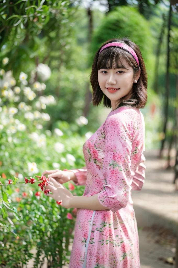Close-up photo of a beautiful short hair Asian girl wearing delicate flowery Vietnamese ao dai, smirking, blurred background.