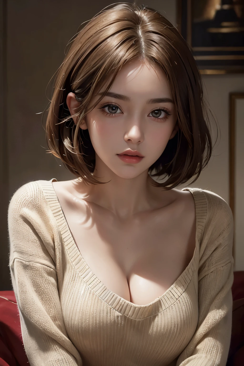 bust-up image, best quality, super fine, 16k, incredibly absurdres, extremely detailed, golden ratio, beautiful woman, beautiful realistic round face, seductive expression, beautiful light brown short hair, beautiful hairstyle, beautiful realistic eyes, beautiful realistic skin, wearing beige loose sweater with a wide open chest, background dark room with light bulb ultra warm white color