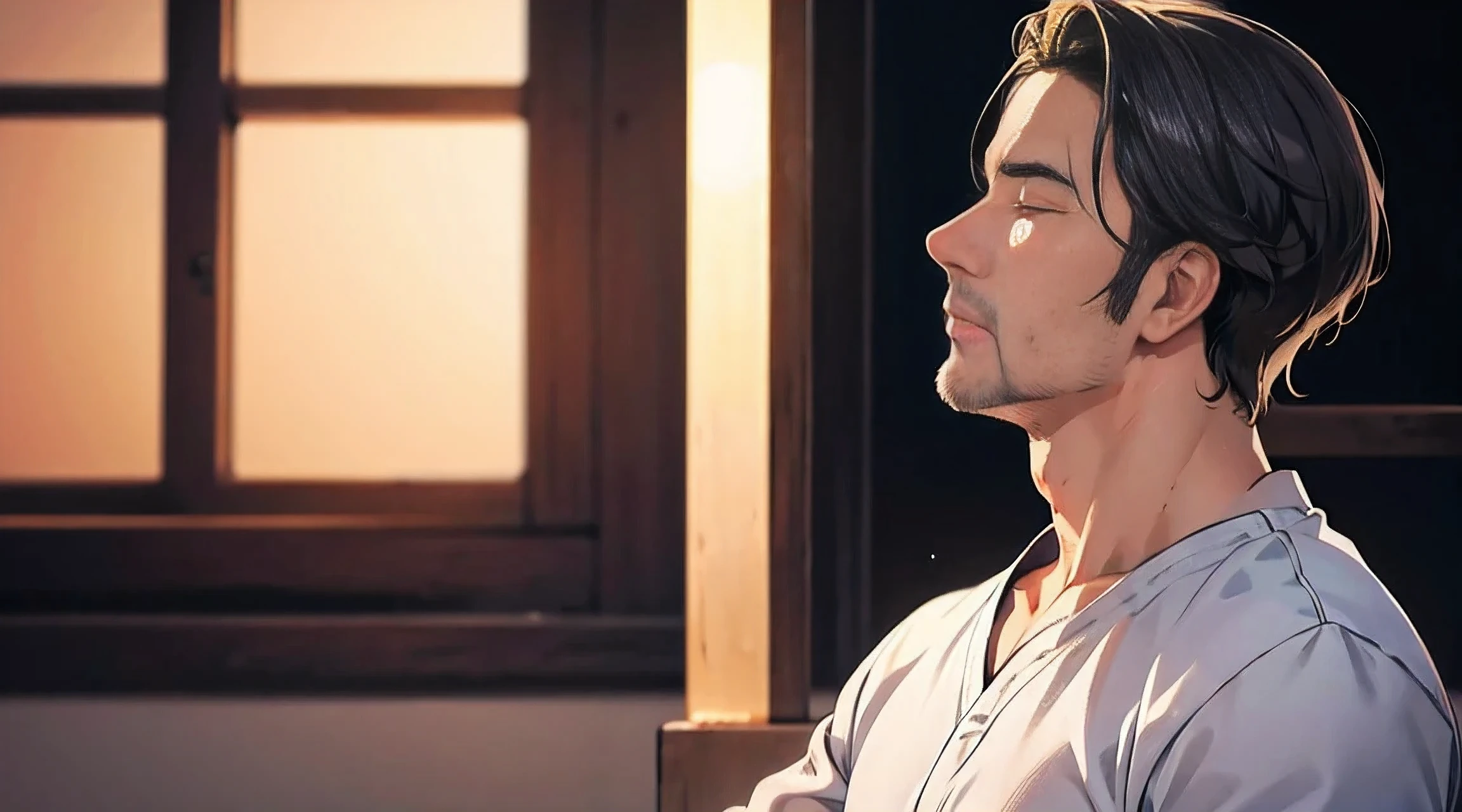 Handsome middle-aged man meditating with his eyes closed、profile