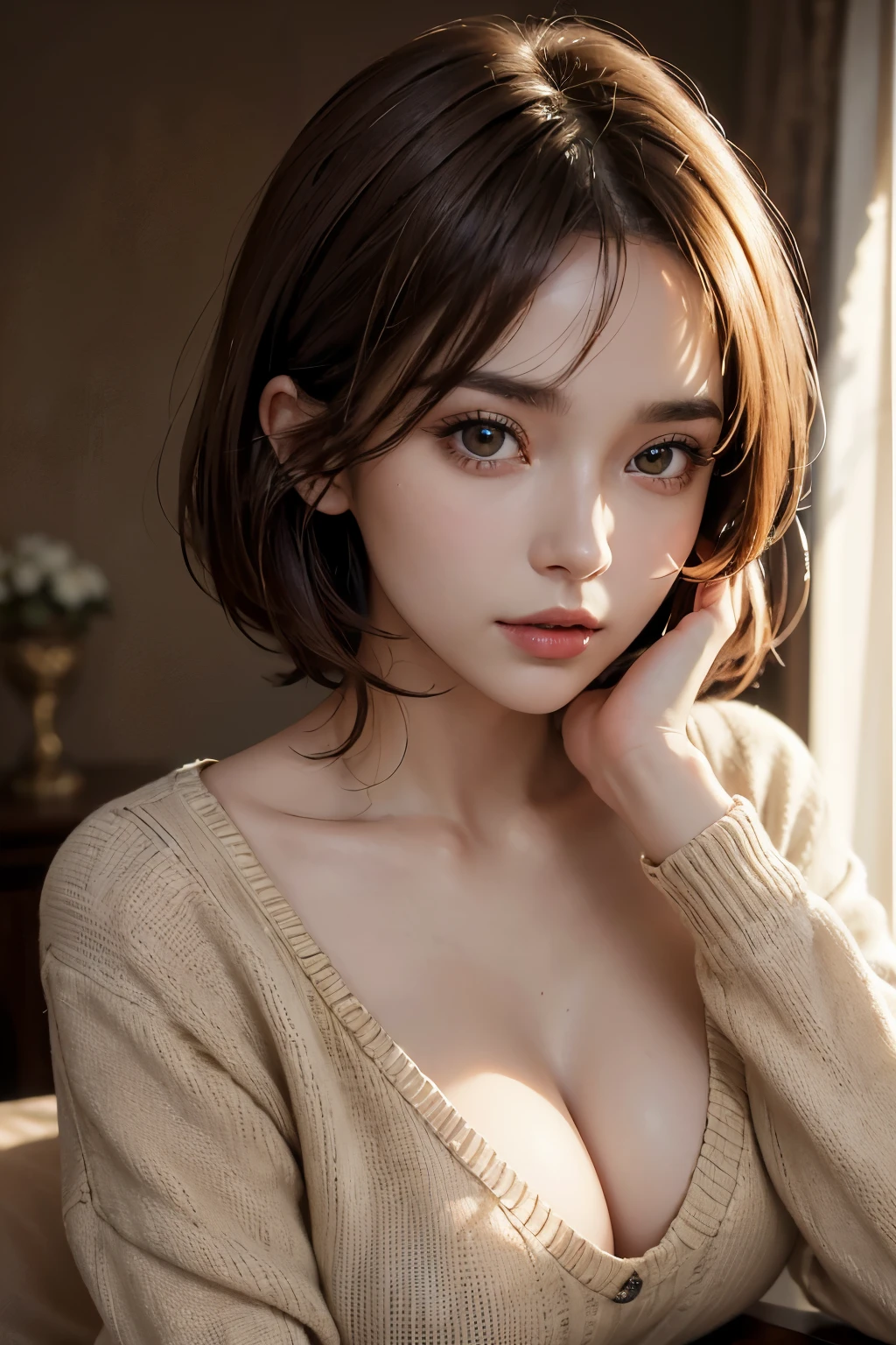 bust-up image, best quality, super fine, 16k, incredibly absurdres, extremely detailed, golden ratio, beautiful woman, beautiful realistic round face, seductive expression, beautiful light brown short hair, beautiful hairstyle, beautiful realistic eyes, beautiful realistic skin, wearing beige sweater with a wide open chest, background dark room with light bulb ultra warm white color