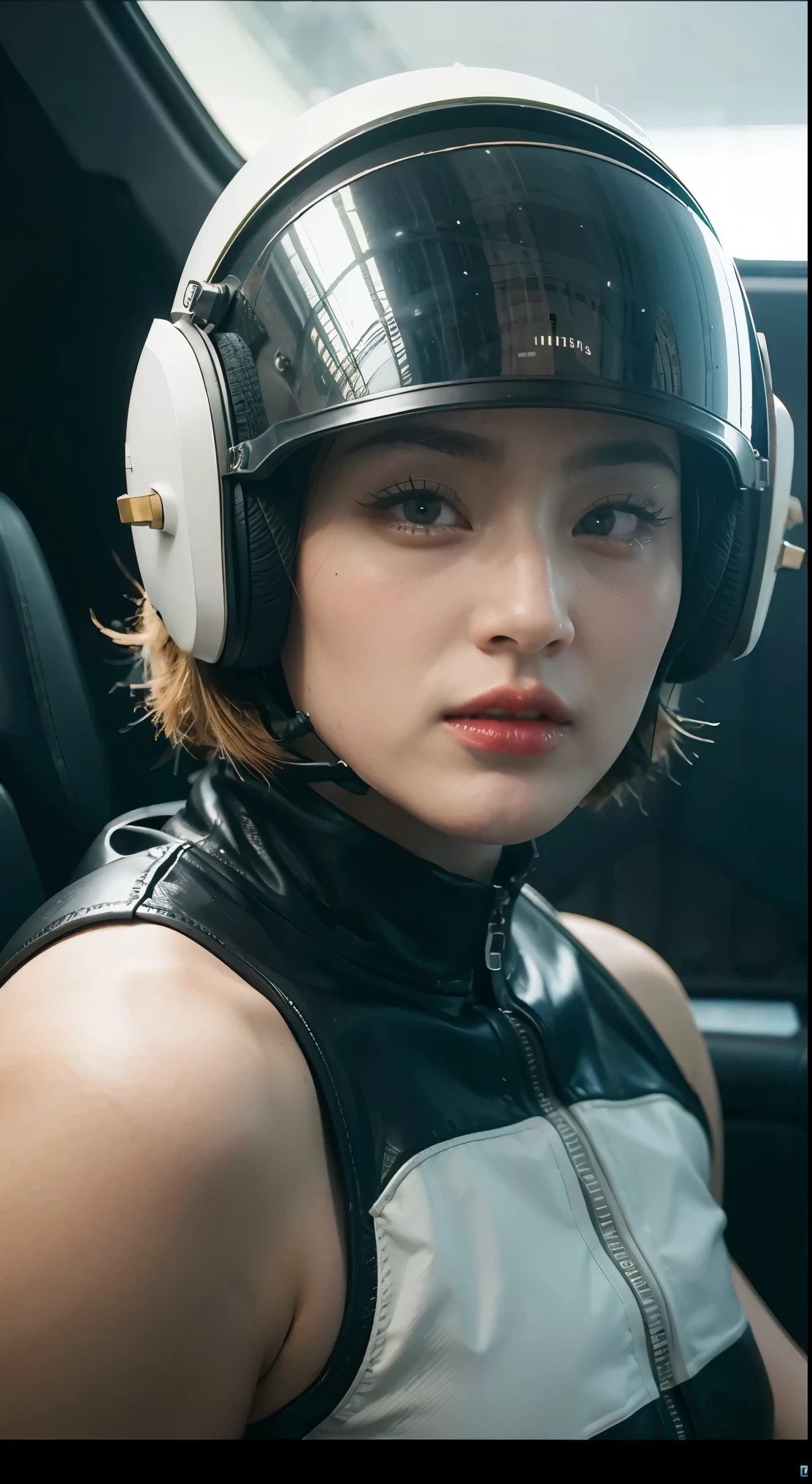 a close up of a woman in a helmet and a helmet on, 2 0 2 1 cinematic 4 k framegrab, barbarella, by Anna Katharina Block, fighter pilot in the cockpit, moody : : wes anderson, retro photography, furious gorgeous woman, sixties, faster, awarded on cgsociety, pompadour, nascar, 2015 cinematography  