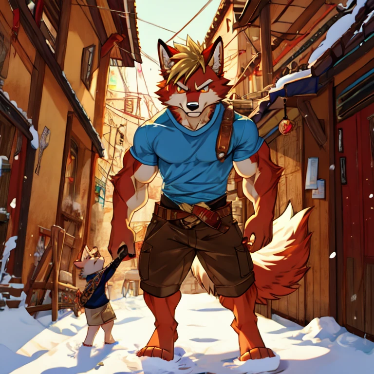 (masterpiece, Best quality:1.2), very young wolf boy, in shirts, winter, body covered in red fur, Furry style, sexual, horny, very muscular wild ,full height,very short blond hair,freckles on the body and face,amber eyes,defined muscles,sharp focus, angry