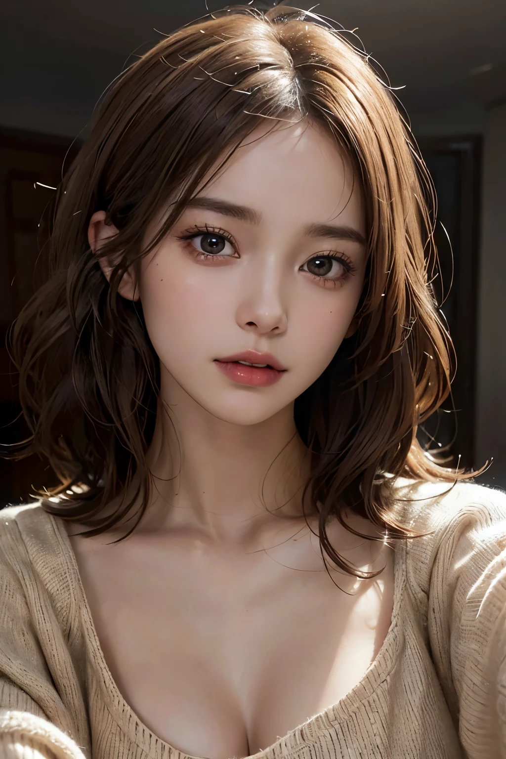 bust-up image, best quality, super fine, 16k, incredibly absurdres, extremely detailed, golden ratio, beautiful woman, beautiful realistic round face, seductive expression, beautiful light brown short messy hair, beautiful hairstyle, beautiful realistic eyes, beautiful realistic skin, wearing beige loose sweater with a wide open chest, background dark room with light bulb ultra warm white color