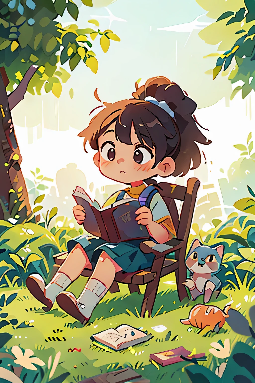 A little girl，Sitting in an outdoor chair and reading a book，Wearing a ponytail，illustration，flat，Texture style，There are details，lawn，There is a cute puppy and kitten，