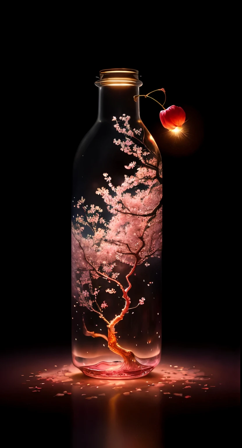 Picture a cherry tree in a bottle, a captivating spectacle of nature's beauty, skillfully captured by renowned photographer Lee Jeffries. The image is rendered in stunning 4K resolution, using a Nikon D850 with a Kodak Portra 400 film and a trusty f1.6 lens.

The fluffy pink cherry blossoms, each petal a testament to unparalleled realism, are suspended in the bottle. Atmospheric light refractions dance around the petals, creating intricate patterns that add depth and dimension to the image. The rich colors burst forth, with hues of pink, white, and red that demand