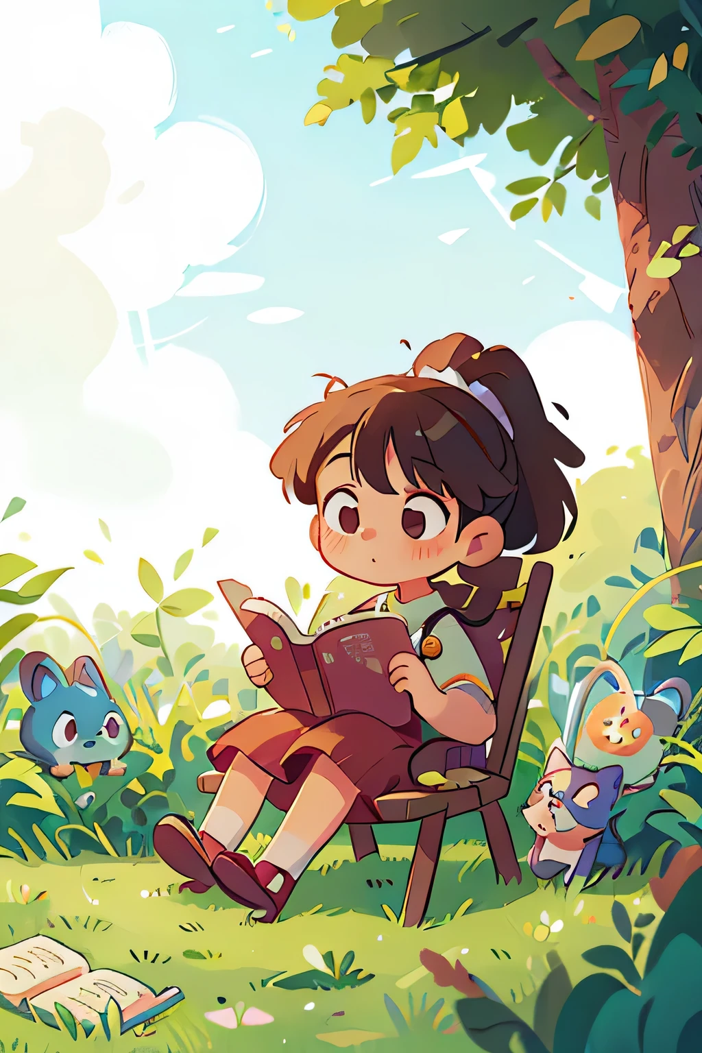 A little girl,Sitting in an outdoor chair and reading a book,Wearing a ponytail,illustration,flat,Texture style,There are details,lawn,There is a cute puppy and kitten,