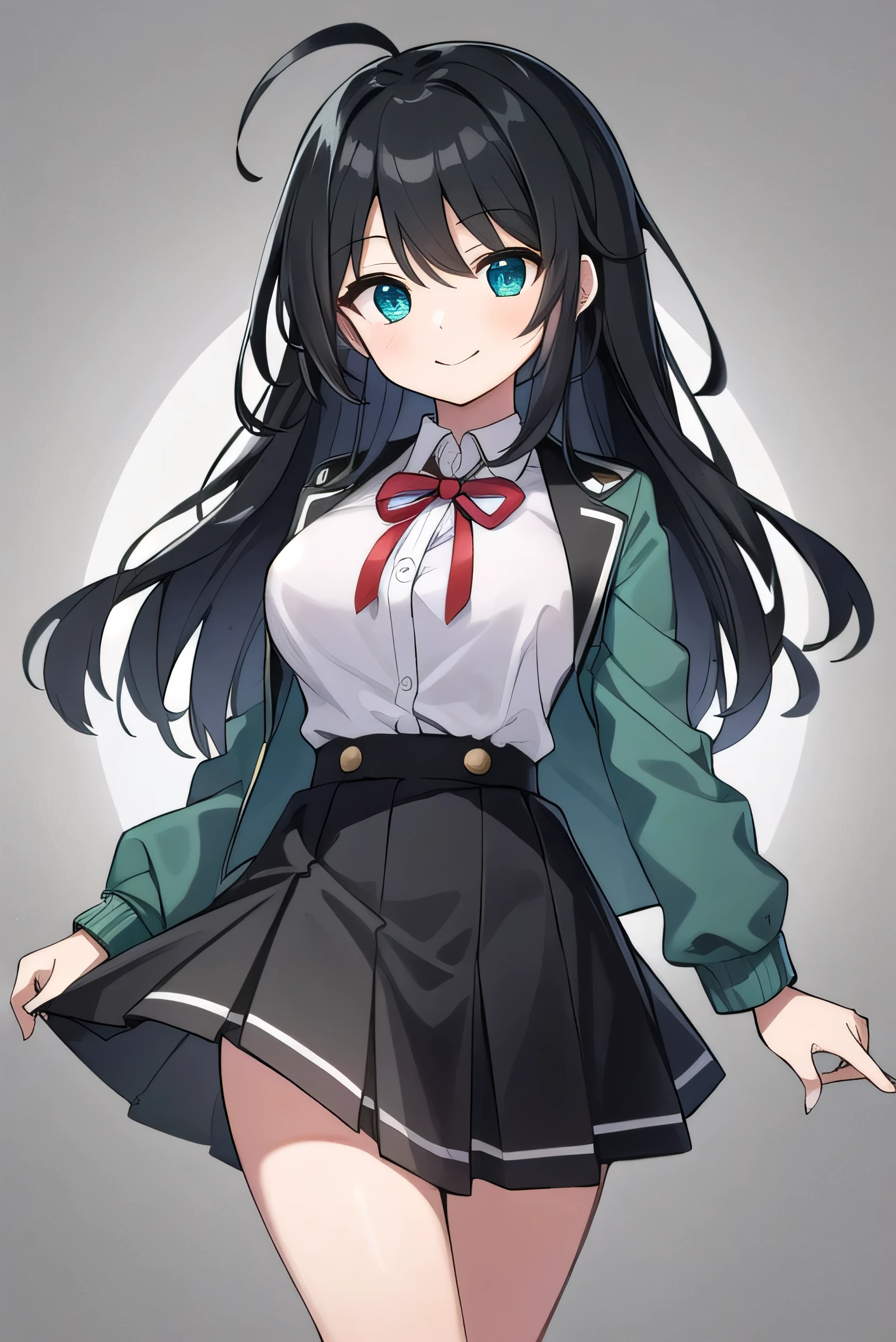 Junior high school student who looks like an elementary school student, , very short, 140 cm tall, black hair with a slight green tinge, short ahoge, beautiful long hair but with a little hair sticking out, beautiful round eyes, blue eyes, smile, boyish, long sleeves, Thick clothes, skirt, big breasts,r than waist, long hair, childish face, gentle s a little shy, black skirt, black hair with a slight green tinge, boyish, gentle smile, jacket one size larger, ( Deep greenish black hair: 1.3)