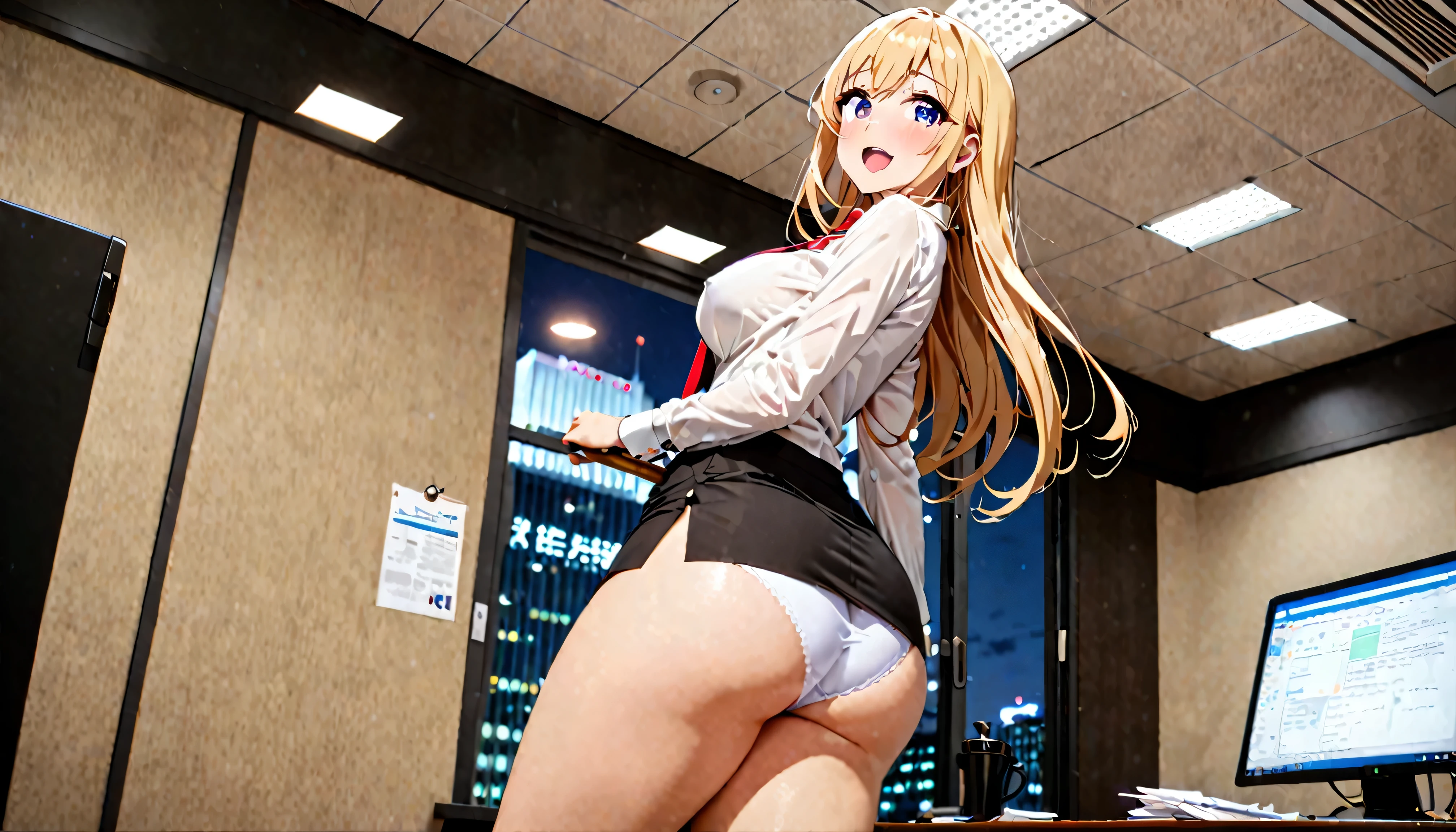 ((highest quality)), ((masterpiece)), (Get used to it), Perfect Face, Long-haired blonde American、Breasts are F cup、26-year-old female,Dress code:suit,Tight mini skirt,White panties,Called,look back,big,Stick your butt out,Laugh shyly,Location:Day Office,One Woman,angle:Looking up from directly below,Location：Office at night
