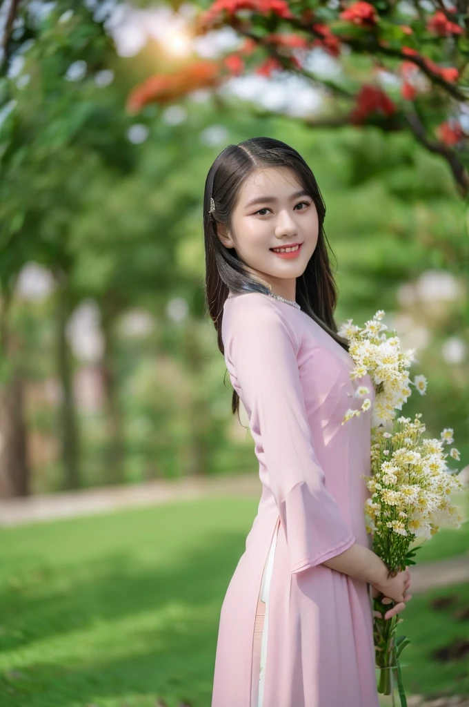 Close-up photo of a beautiful Asian girl wearing delicate flowery Vietnamese ao dai, smirking, blurred background.