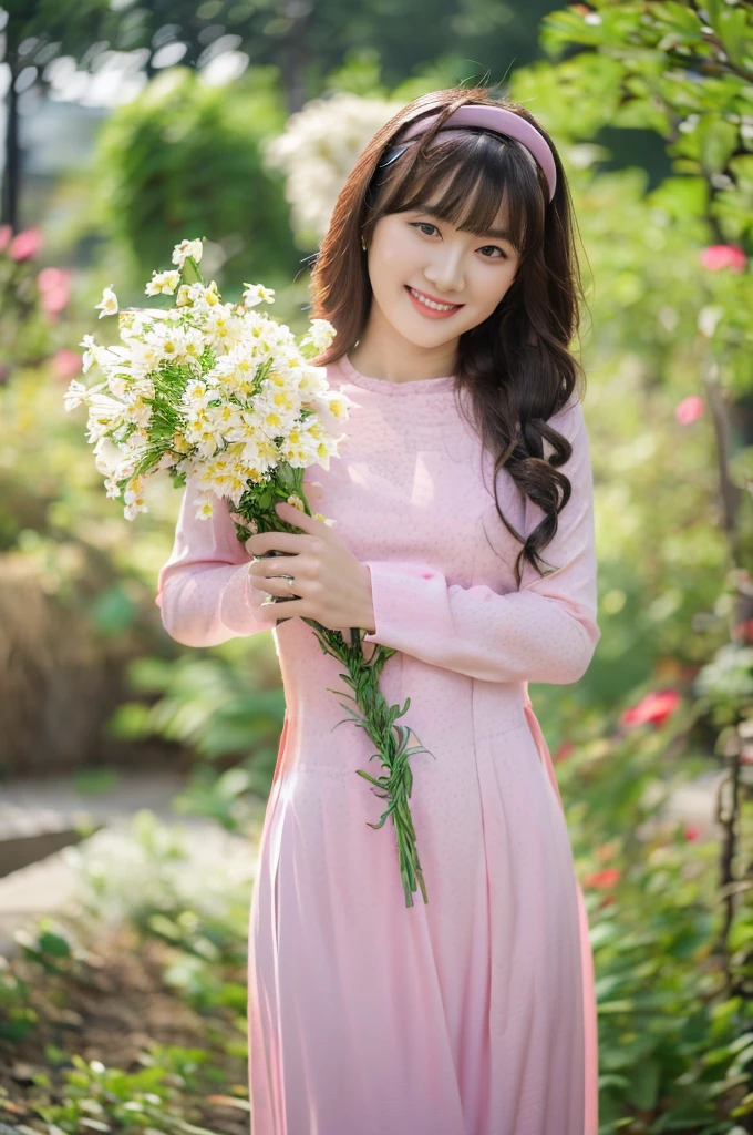 Close-up photo of a beautiful Asian girl wearing delicate flowery Vietnamese ao dai, smirking, blurred background.