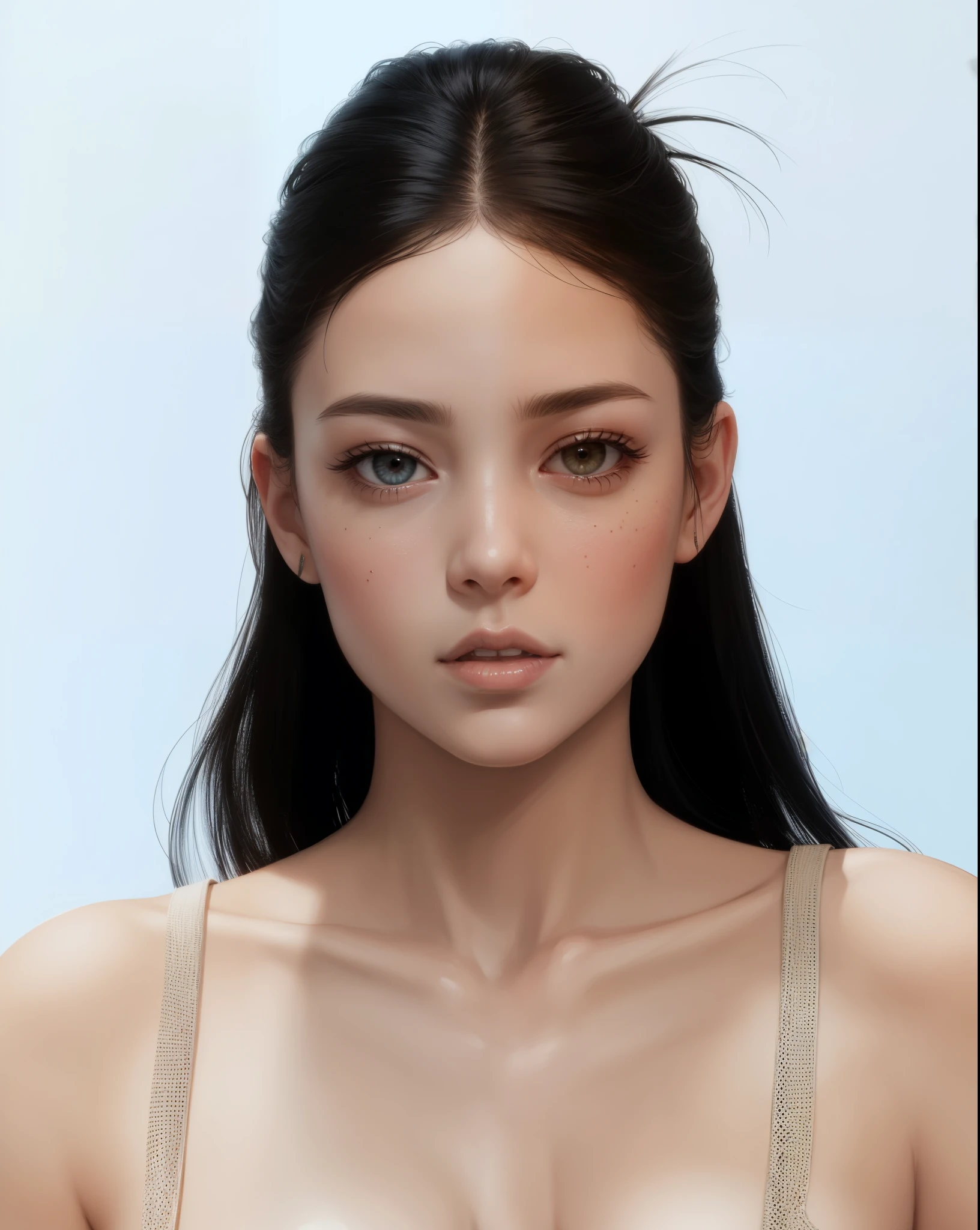 realistic, textured skin, {best quality},{highres}, a beautiful and charming girl, age 25, face focus, mature and fine face, slim and fascinating figure, Delicate and attractive collarbone, shoulder length messy hair, black hair, lively big eyes,peach slips, ( light yellow dress), standing on floor, {wet}, {annoyed}, simple background