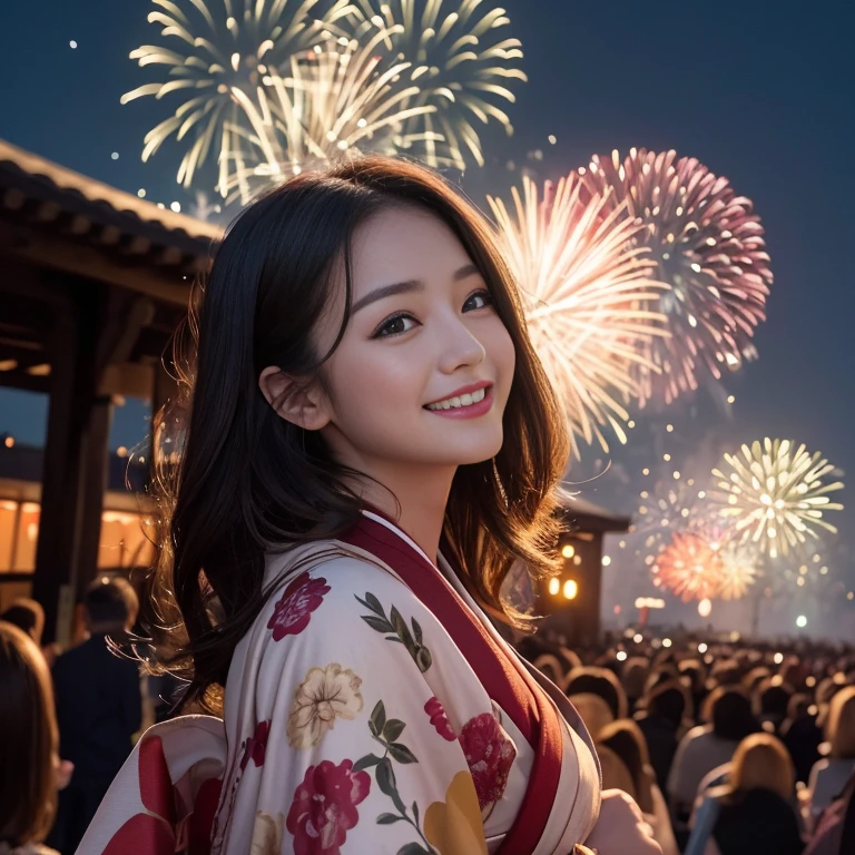 (highest quality、masterpiece、8k、Award-winning works、Best image quality)、The beauty of kimono、Beautiful kimono、Summer festival、The most dazzling fireworks、The most powerful fireworks、Huge fireworks bursting into the night sky、Bright bright fireworks、Huge and bright fireworks、Upper body photo、Look at me and smile、look at me affectionately、Natural Makeup、Perfect Anatomy、(Spectacular Cinema Lighting)、(Low Angle:1.1)、(Shooting from below:1.1)、(The most romantic:1.1)、(Great fireworks display:1.1)、Feelings of love、Watery eyes、Rustic beauty、Fine and beautiful skin、Beautiful night view、