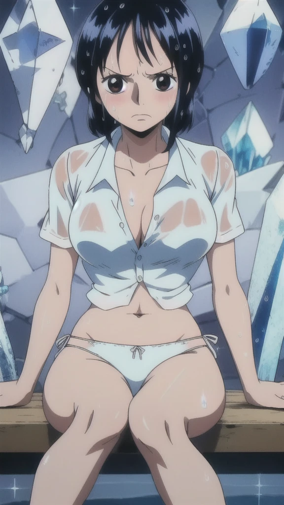 One woman,8k,, Black Hair,Medium Short, ,, Tashigi,, ((masterpiece)), ((highest quality)), (((sit))),((high resolution)),Very detailed, (See-through clothing),((Wet white shirt)),((Wet shirt)) ,((Troubled expression)),,(Slim thighs),Perfect tummy,Perfect navel,((Slender body)),Dark Eyes,,((White lace panties)),((Slender body)), , Strong lighting, High resolution,,,(((((Crystal clear image quality))))), sit, alone,blush,, indoor,