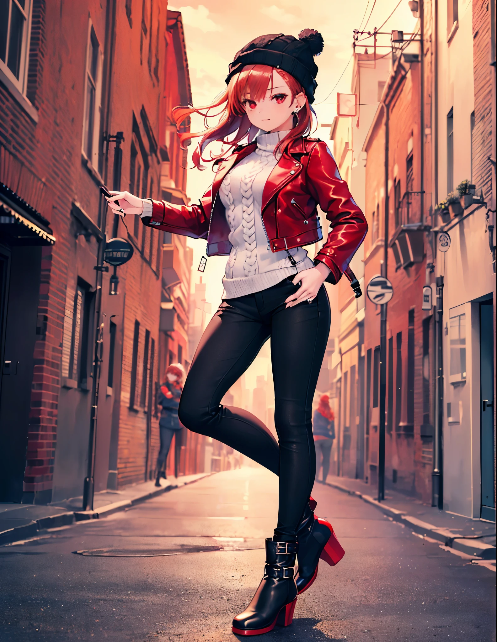 Realistic,highest quality, Ultra Detail, High-quality CG rendering, The most delicate and beautiful, Floating softly, High resolution, (1 girl), (Highest quality,4K,8K,masterpiece:1.2),(All red hair:1.5), (Medium Hair:1.5),(Red eyes:1.5), (Black leather jacket:1.3)、(Black skinny jeans:1.3),(Black boots:1.3)、(Black knit hat:1.3)、pierced left ear,In the city,old buildings