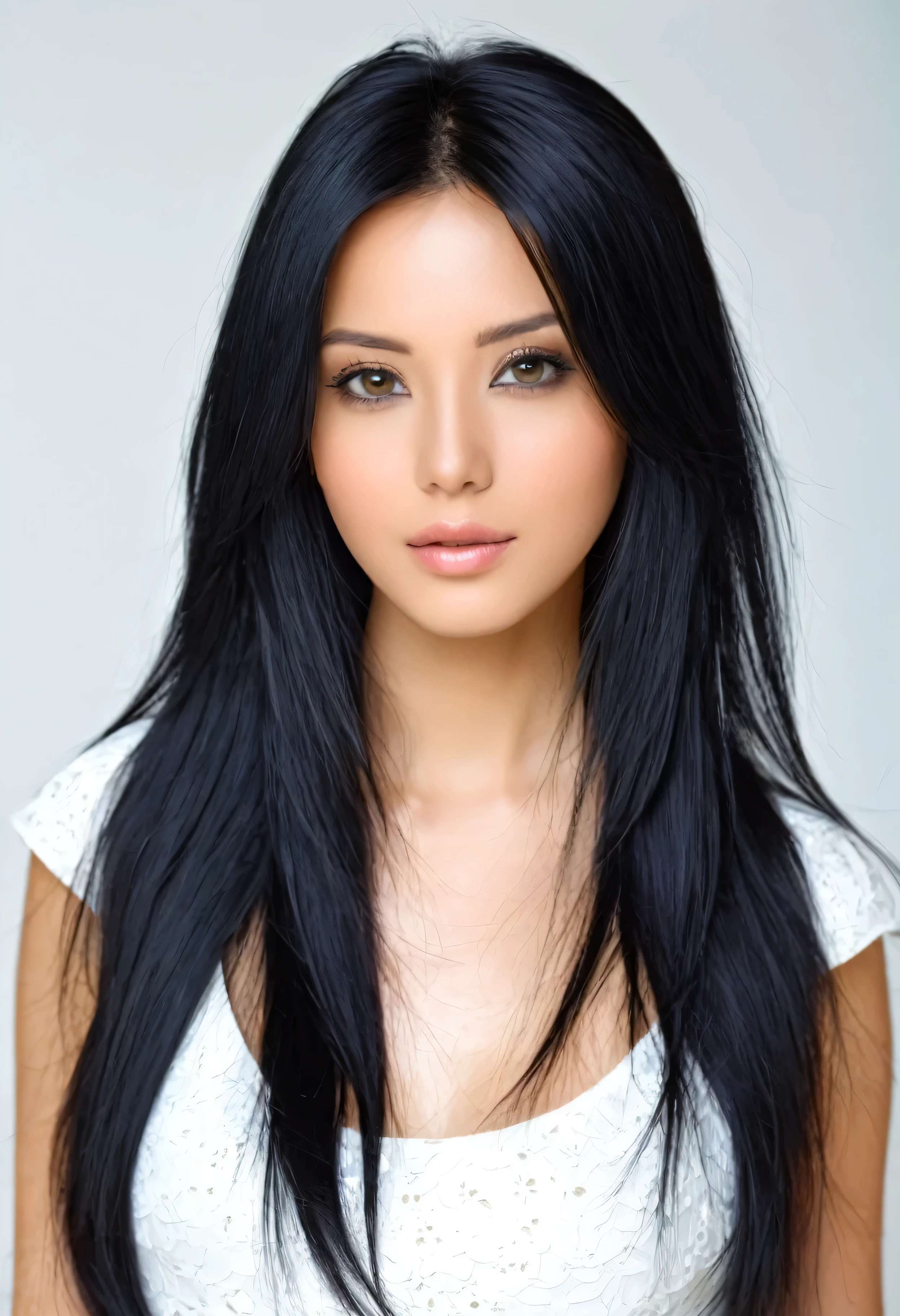 27-year-old attractive and beautiful girl with long black hair, face view