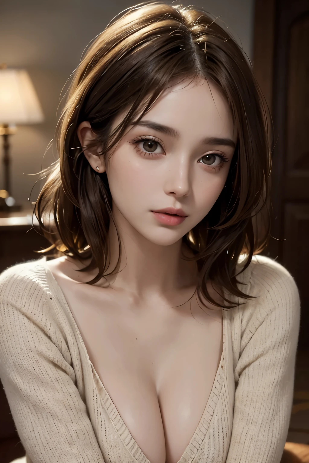 bust-up image, best quality, super fine, 16k, incredibly absurdres, extremely detailed, golden ratio, beautiful woman, beautiful realistic round face, seductive expression, beautiful light brown short messy hair, beautiful hairstyle, beautiful realistic eyes, beautiful realistic skin, wearing beige loose sweater with a wide open chest, background dark room with light bulb ultra warm white color