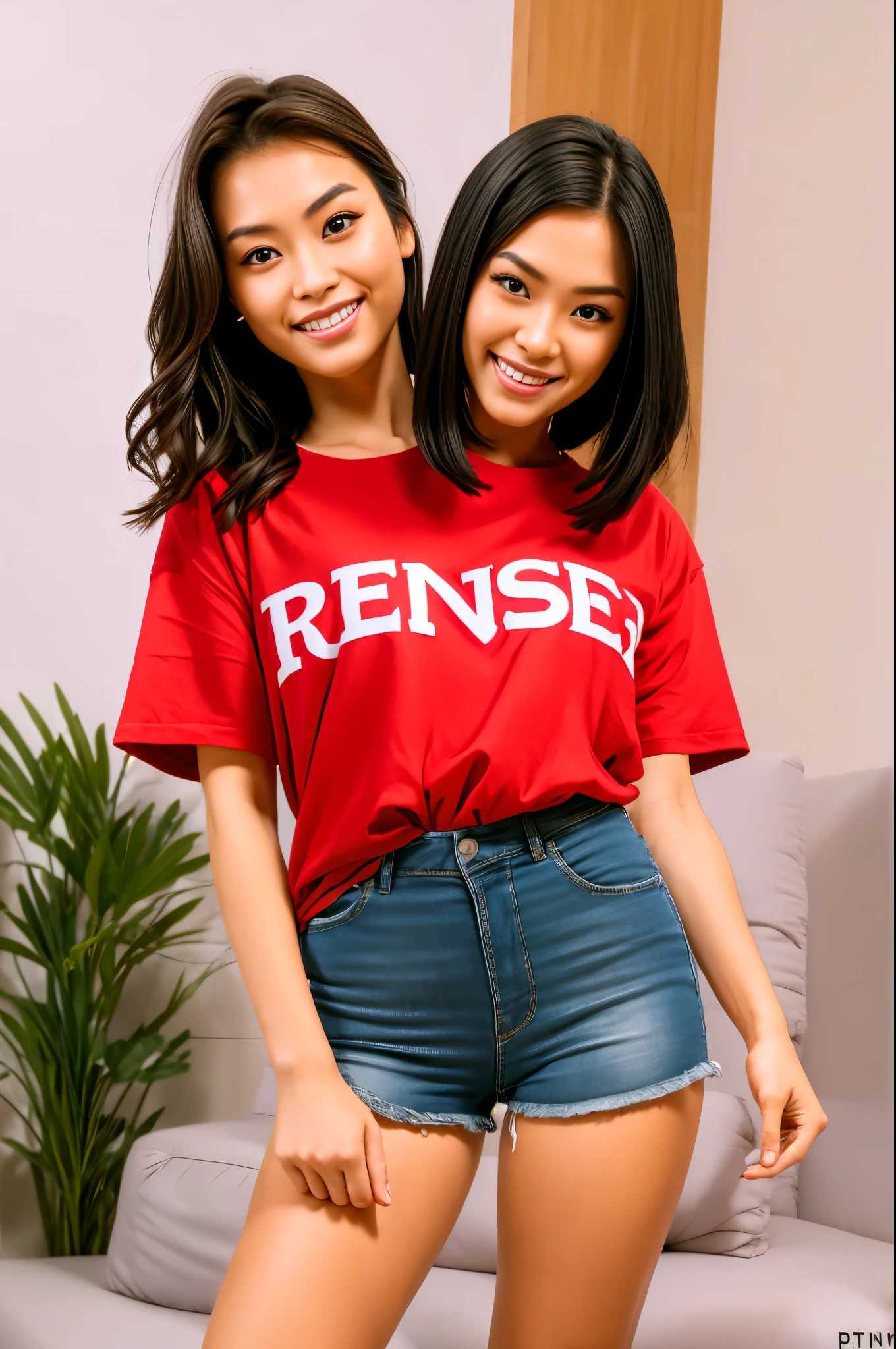 best resolution, 2heads, ,korean woman with two heads , short hair, different faces, big t-shirt, denims shorts, indoor background