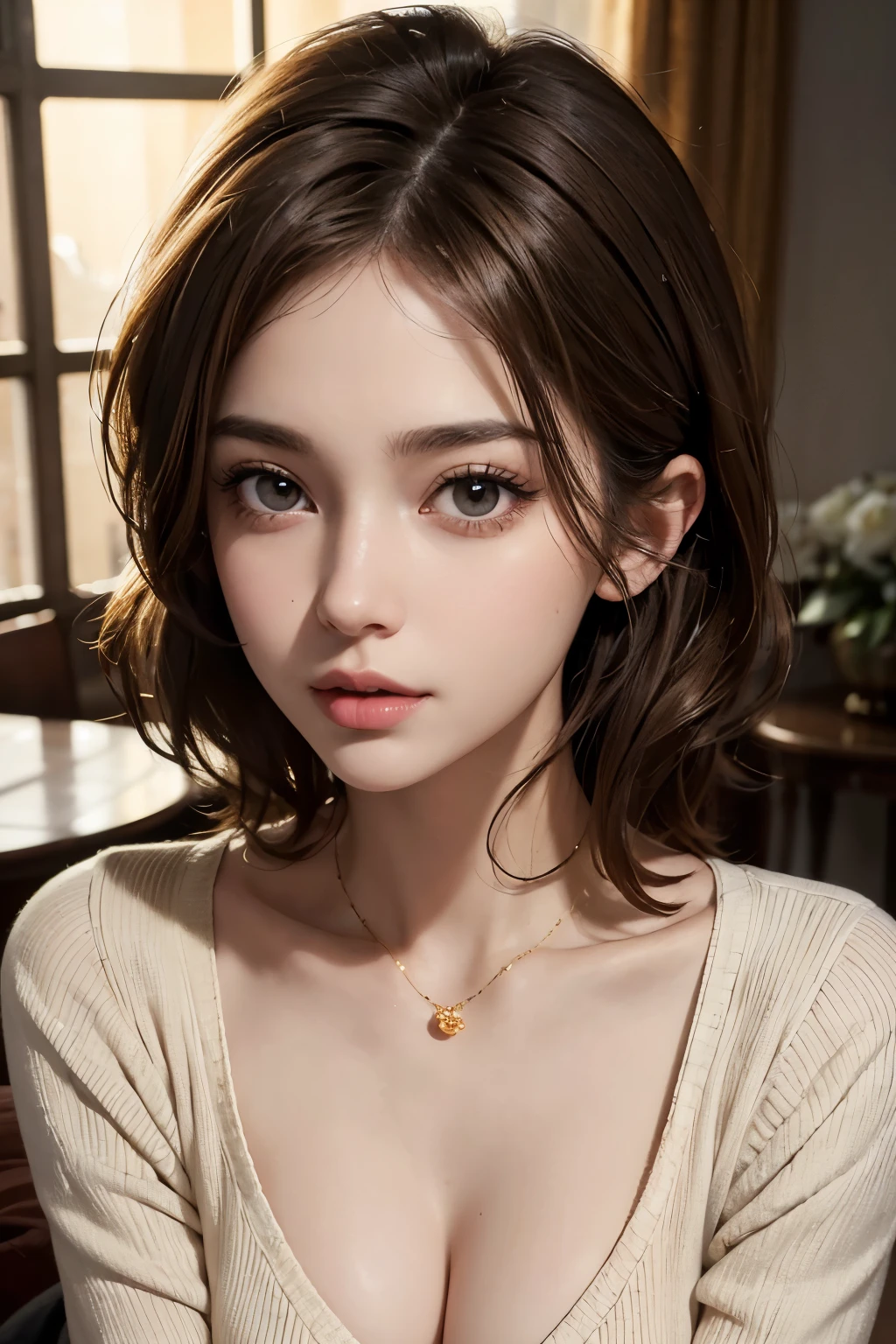 bust-up image, best quality, super fine, 16k, incredibly absurdres, extremely detailed, golden ratio, beautiful woman, beautiful realistic round face, seductive expression, beautiful light brown short messy hair, beautiful hairstyle, beautiful realistic eyes, beautiful realistic skin, wearing beige loose sweater with a wide open chest, background dark room with light bulb ultra warm white color