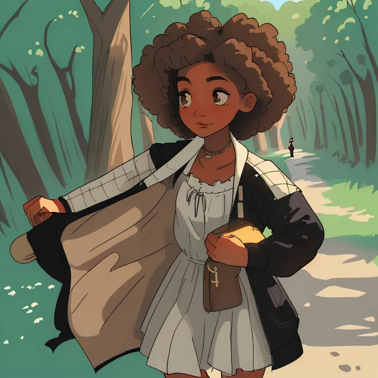 Joven chica, cabello muy rizado, estilo afroamericano, brown eyes, brown tanned skin, vestido blanco, estilo medieval, cargando una canasta, caminando por el bosque