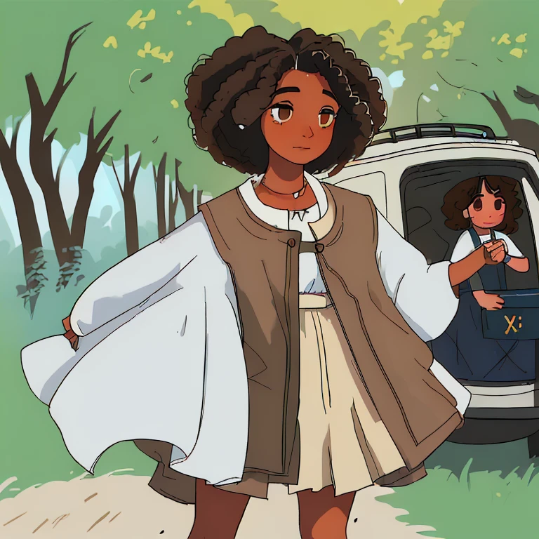 Joven chica, cabello muy rizado, estilo afroamericano, brown eyes, brown tanned skin, vestido blanco, estilo medieval, cargando una canasta, caminando por el bosque