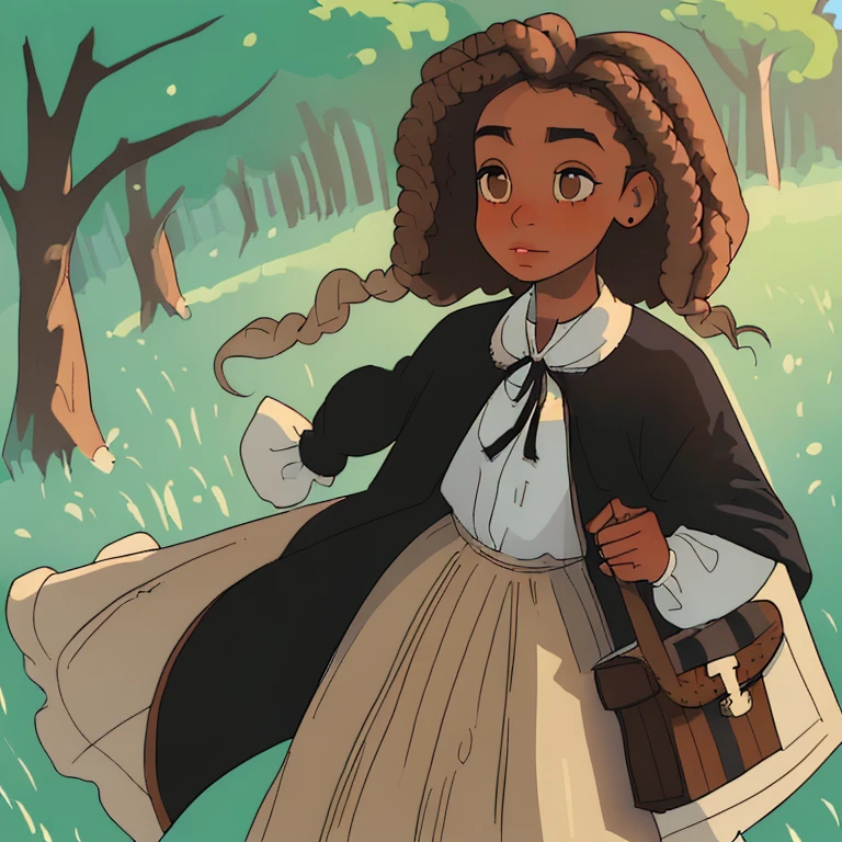Joven chica, cabello muy rizado, estilo afroamericano, brown eyes, brown tanned skin, vestido blanco, estilo medieval, cargando una canasta, caminando por el bosque